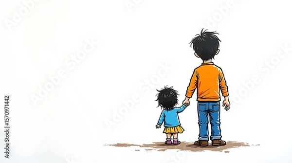 Obraz Child hand drawn art showing father holding hands with daughter, symbolizing Father being alone with children