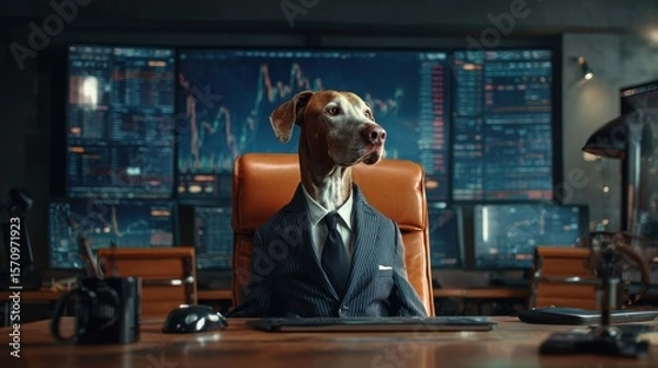 Fototapeta In a chic office setting, a large virtual screen displays live stock market movements with graphics. In front of the desk, a female dog in a suit is focused on the screen with a serious expression. 