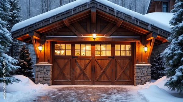 Fototapeta Swiss Chalet in the Alps – Snow-Dusted Timber Gate with Overhead Glow