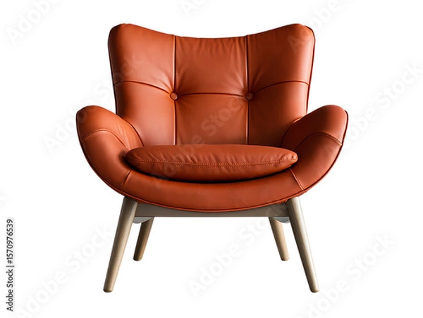 Fototapeta Stylish orange armchair on black background for interior design projects, Modern leather chair with wooden legs for luxury home decor visualization