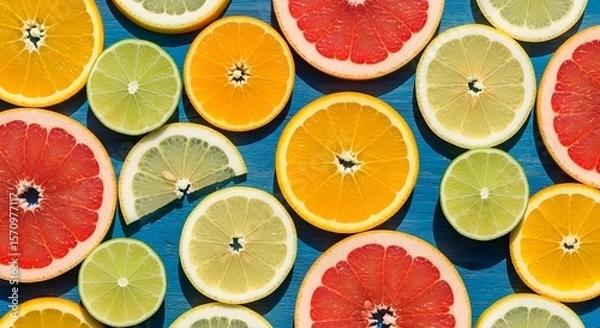 Fototapeta Vibrant Citrus Slices Pattern on a Blue Background.
An Overhead View of Fresh Oranges, Grapefruits, Limes, and Lemons.
Showcasing a Colorful and Refreshing Array of Healthy Fruit lemon day 