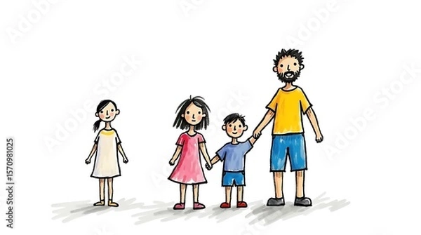 Obraz Child hand drawn art showing father holding hands with two children and mother in distance, symbolizing Mother's estrangement from family