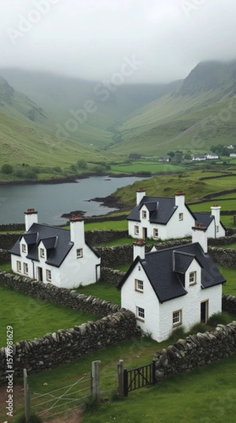 Fototapeta Whitewashed Stone Croft Houses with Black Slate or Thatched Roofs on Isle of Skye Scotland