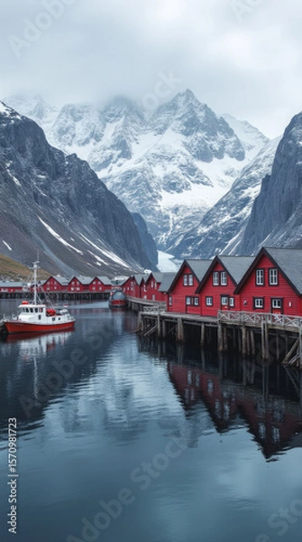 Fototapeta Reine Lofoten Islands Norway Iconic Red Rorbuer Cabins on Stilts Over Calm Arctic Waters