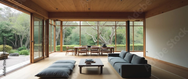 Fototapeta Tranquil Zen-Inspired Open-Plan Living and Dining Area with Low Gray Sofa