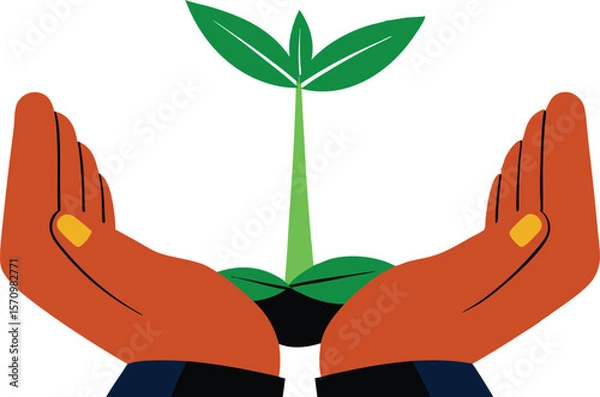 Fototapeta This collection of images depicts illustrations of hands gently holding small plants, symbolizing growth, care, or environmental theme