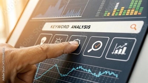 Fototapeta Navigating keyword analysis, a finger taps the screen for digital marketing strategies and business growth using online search data.