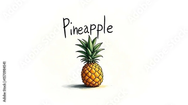 Obraz Hand-painted pineapple with bold black outlines and uneven brush strokes, featuring hand-painted “Pineapple” text
