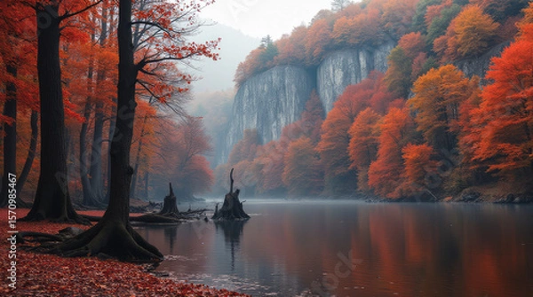 Obraz Lacul Roșu in Autumn Romania — Red Lake Surrounded by Dense Copper-Colored Woods and Tall Limestone Cliffs