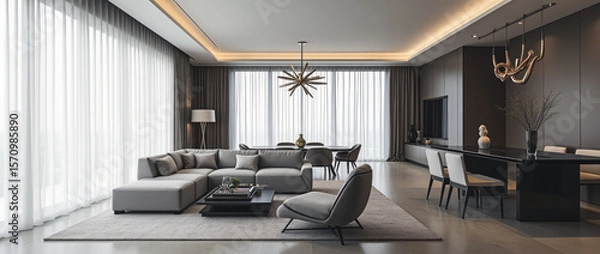 Obraz Sleek and Elegant Open-Plan Living and Dining Area with Bold Contrasts and Modular Gray Sectional