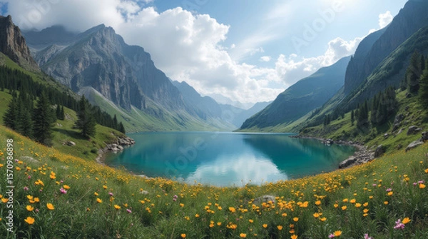 Obraz Sary-Chelek Lake Kyrgyzstan Untouched Alpine Lake Surrounded by Cliffs and Wildflower Meadows