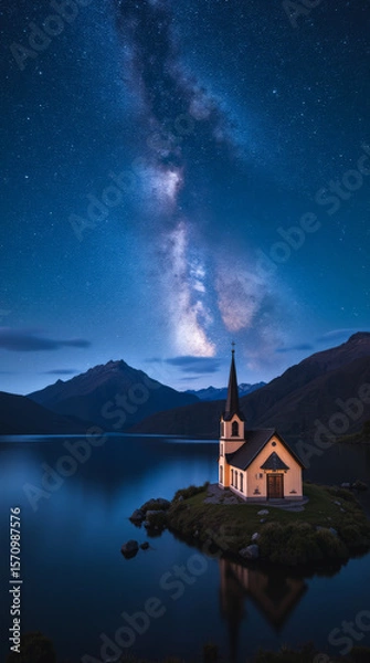 Obraz Lake Tekapo New Zealand Starry Night — Milky Way Over Still Lake and Church of the Good Shepherd