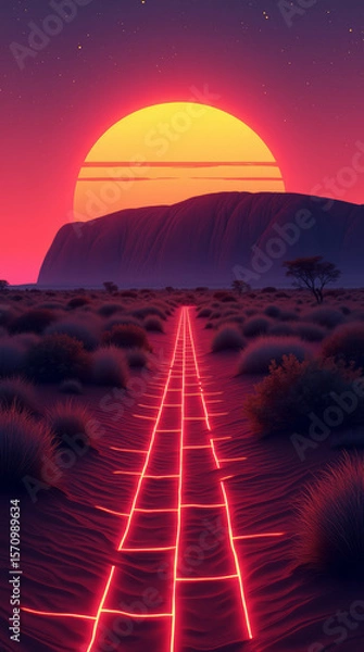 Obraz Retro-Futuristic Uluru at Sunset with Neon Sky and Vibrant Glow