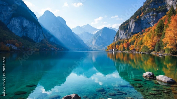 Obraz Lake Brienz in Autumn Switzerland — Turquoise Waters Against Dramatic Cliffs with Vivid Fall Forests