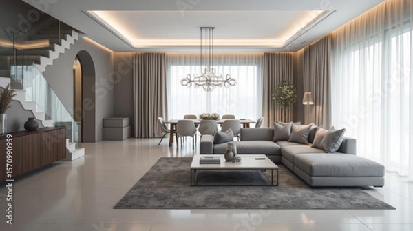 Fototapeta Spacious Contemporary Open-Plan Living and Dining Area with Minimalist Gray Sectional Sofa