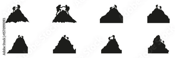 Fototapeta Mountain Climbing Teamwork Silhouette Set. Adventure And Cooperation Symbol Collection. Outdoor And Motivational Use. Isolated Vector Illustration