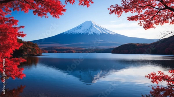 Obraz Autumn at Mount Fuji and Lake Kawaguchi in Autumn Japan Crimson Maples Frame the Lake with Perfect Reflections