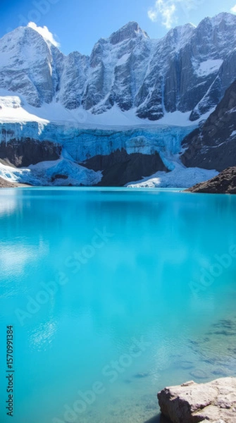 Obraz Laguna 69 Peru — Vibrant Blue Glacial Lake at High Altitude Beneath Steep Icy Cliffs
