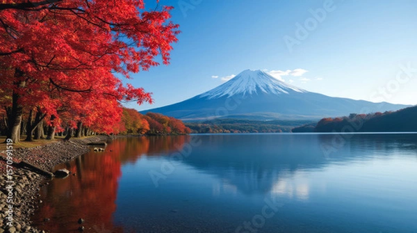 Obraz Lake Motosu in Autumn Japan — Brilliant Maple Trees Along the Shore Framing Mount Fuji with Mirror Reflections