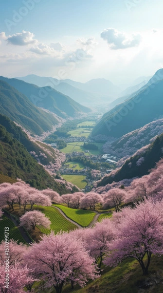 Obraz Wuling Farm Taiwan High Mountain Farm Surrounded by Cherry Blossoms and Rolling Hills
