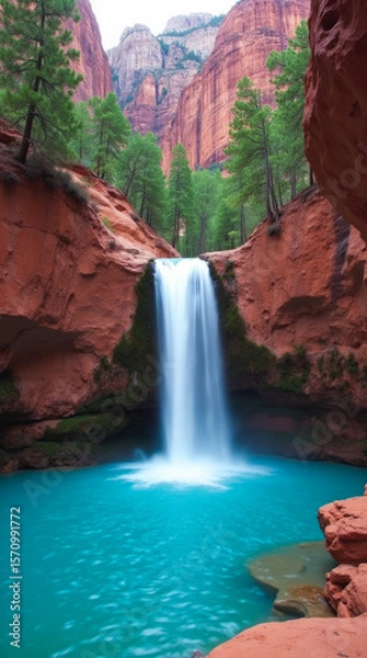 Obraz Havasu Falls Arizona USA — Turquoise Waterfalls Plunging into Red Canyon Pools Surrounded by Green Cottonwoods