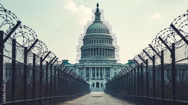 Fototapeta Fictional Concept: Capitol Building Wrapped in Barbed Wire — The U.S. Capitol Surrounded and Completely Wrapped in Barbed Wire as a Symbol of Government Control and Restricted Freedom