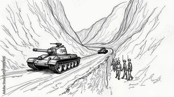 Fototapeta Hand-Drawn Sketch of Tanks and Armored Vehicles Navigating a Narrow Mountain Pass