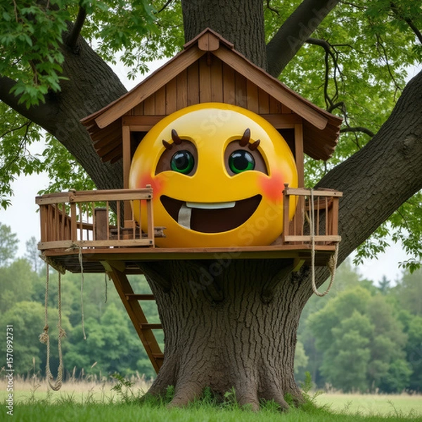 Fototapeta House Emoji — 3D Emoji-Style Icon of a Front View House with Roof, Windows, and Door