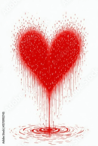 Fototapeta Red Heart Composed of Tiny Vertical Raindrop Streaks as if Drawn by Falling Rain
