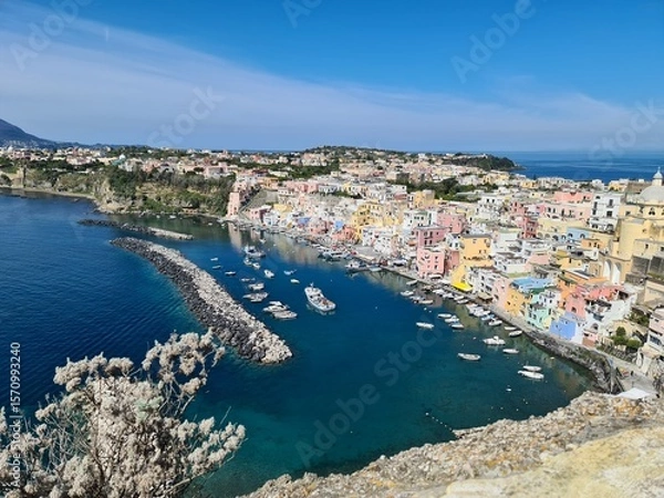Obraz Panoramic view of Corricella a port on Procida, one of the Phlegraean Islands off the coast of Naples in southern Italy. Corricella is known for its vibrantly colorful housing