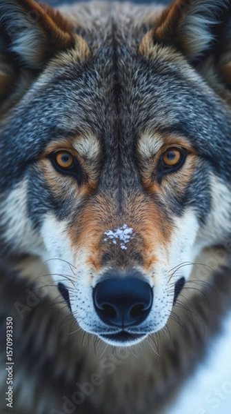 Fototapeta Extreme Close-Up of a Gray Wolf’s Wild Primal Face with Sharp Amber Eyes and Thick Fur Ruff