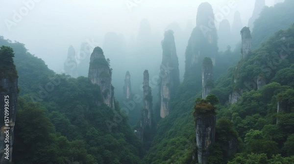 Fototapeta Wulingyuan China Forest of Towering Quartzite Cliffs and Spires Coated in Mist and Greenery