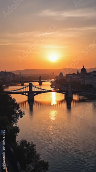 Fototapeta Danube River Hungary — Sunset on the Danube in Budapest with Reflections of Historic Buildings and Bridges