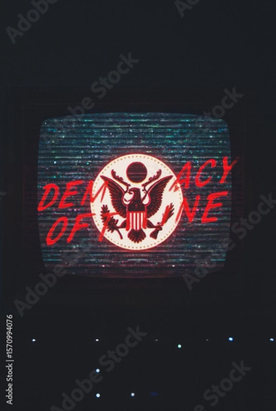 Fototapeta Fictional Concept: TV Broadcast Interrupted — “Democracy Offline” Glitch Screen Symbolizing the Sudden Collapse of Free Media and Government Transparency