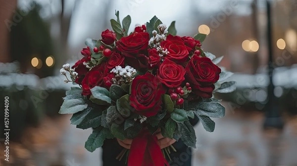 Fototapeta Hands holding a lovely bouquet of red roses, baby's breath, and berries with a red ribbon