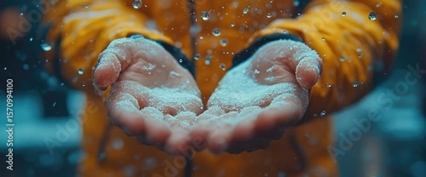 Fototapeta Hands cupped, catching snow. Yellow coat sleeves, blurred background. Winter scene with falling snowflakes