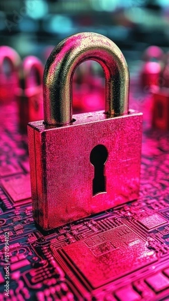 Fototapeta Padlock sits atop microchip, conveying security