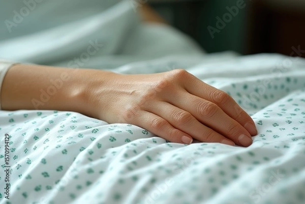 Fototapeta Human hand resting on a patterned hospital bed sheet close up with medical vibe
