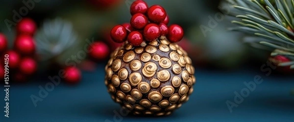 Fototapeta Festive round, textured bauble topped with red berries sits amidst greenery. Holiday spirit