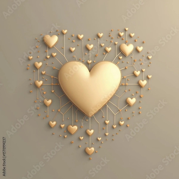 Fototapeta Central Heart Symbol Connected to Smaller Hearts by Thin Golden Lines on a Muted Taupe Background