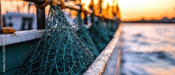 Fototapeta Fishing nets hang on a boat with a sunset as backdrop