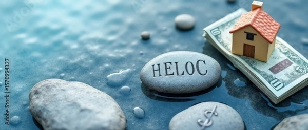 Fototapeta HELOC Water Smooth: Financial Flow on Serene Blue-Gray River Stone Surface with Zen-Like Layout