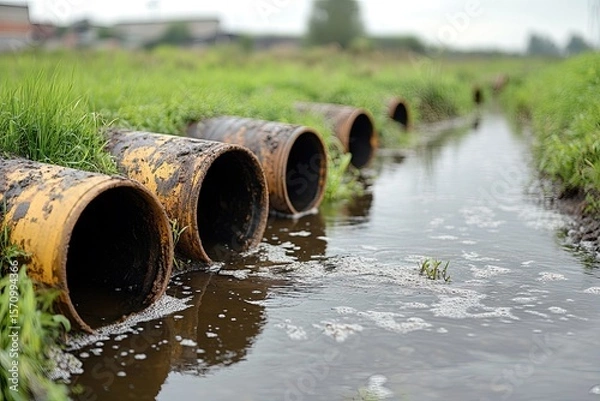 Fototapeta Weathered pipes drain into a shallow stream surrounded by green grass in an open field