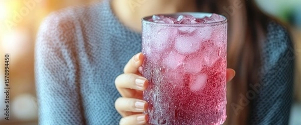 Fototapeta Woman holds a glass of a pink, refreshing drink with ice, condensation visible