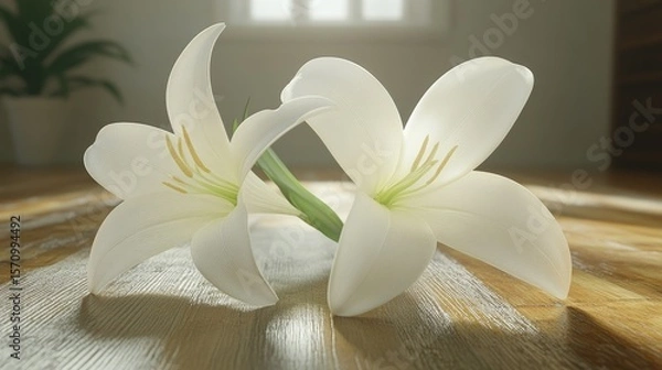 Fototapeta Two white lilies softly lit on a wooden surface, with green foliage blurred in the background