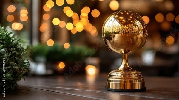 Fototapeta A gold trophy sits on a wooden table with blurred lights in the background