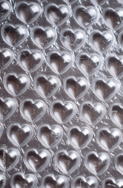 Fototapeta Close-up of heart shaped bubble wrap on a shiny silver background. Plastic texture with a top-down view, ideal for product packaging or commercial design projects. Unique and playful pattern.