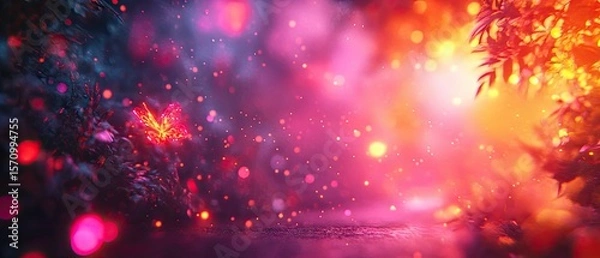 Fototapeta Dreamy, colorful scene with glowing orbs, foliage, and textures create a magical ambiance