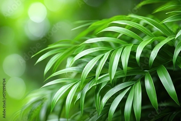 Fototapeta Vivid green fern fronds close-up against a softly blurred, bright green bokeh background