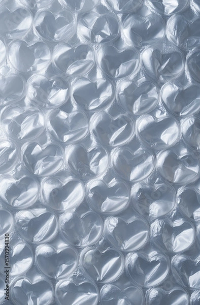 Fototapeta Close-up of heart shaped bubble wrap on a shiny silver background. Plastic texture with a top-down view, ideal for product packaging or commercial design projects. Unique and playful pattern.